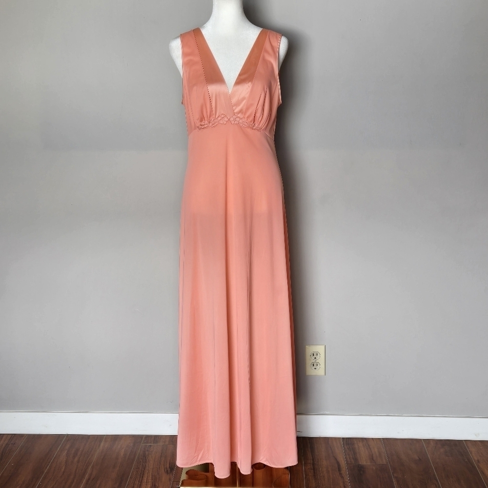 Vanity Fair 70s Silky Soft Nylon Peach Orange Sherbet Maxi Gown Slip Dress 34 EU